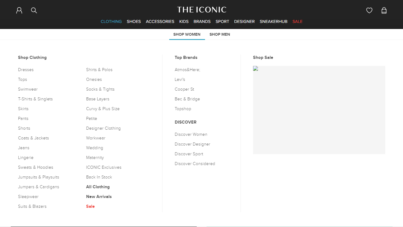 Navigation menu of ecommerce site showing womens clothing options